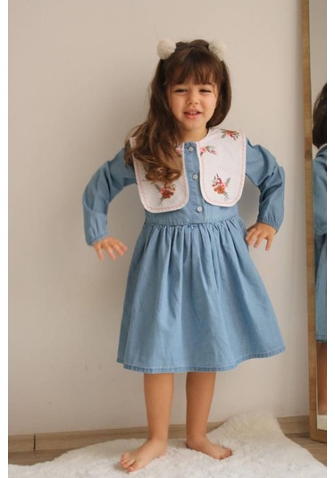 Kız Çocuk Çiçek İşlemeli Kot Elbise 001