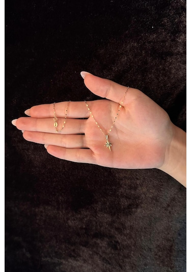 Fiyonk Kuyumculuk 14 Ayar Altın Işıltılı Aynalı Zincir Kuzey Yıldızı Kolye 001