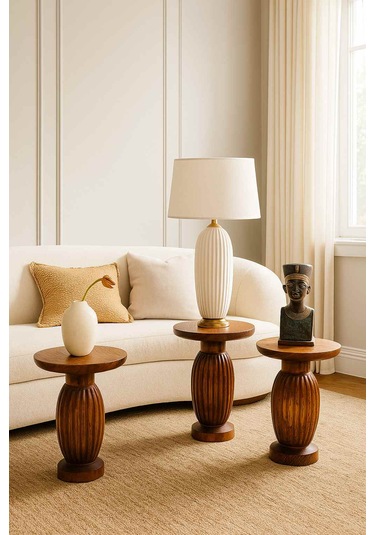 Ahşap Mantar Sehpa 3 Lü Set Meşe Renk Doğal Zigon Ve Fiskos Takımı Meşe