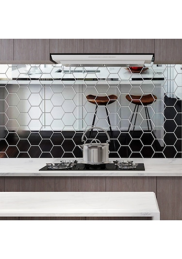 Honmex 12 Adet 10x8 Cm Gümüş Akrilik Yansıtıcı Hexagon Duvar Sticker - Otomatik Yapışkan Fonksiyonlu Gümüş