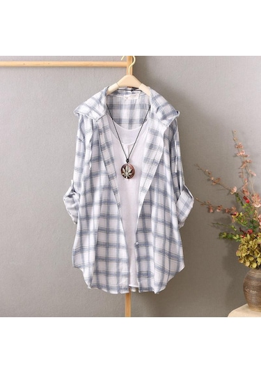 Beyaz Güneş Koruyucu Gömlekler Kadın Kapşonlu Ekose Uzun Kollu Bol Üstler İnce Paltolar Hırkalar Beyaz