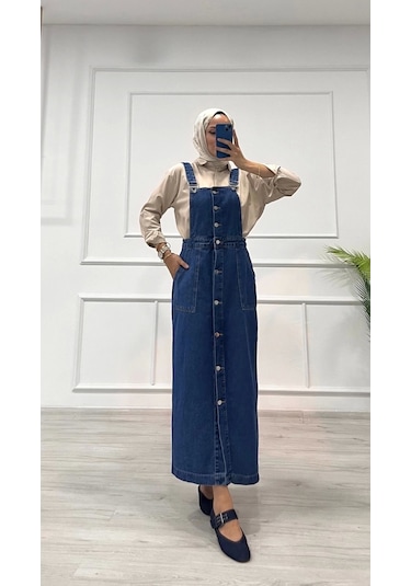 Biçomi Etekli Salopet Enzim Süper Taş Yıkama Koyu Mavi D2521