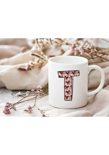 T Harfi Aşk Temalı Kupa - Kalp Desenli Kişiye Özel Romantik Sevgililer Günü Kahve Kupası Beyaz