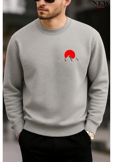 Kırmızı Dağ Baskılı Bisiklet Yaka Sweatshirt Gri