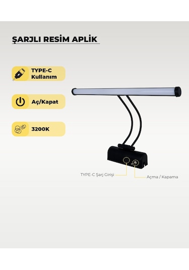 Şarjlı Siyah Flüt Aplik 3200k Sarı Işık Elektrik Gerektirmez Siyah