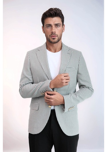 Açık Gri Kazayağı Desenli Gold Renk Metal Düğmeli Slim Fit Erkek Blazer Ceket - Wessi Grey