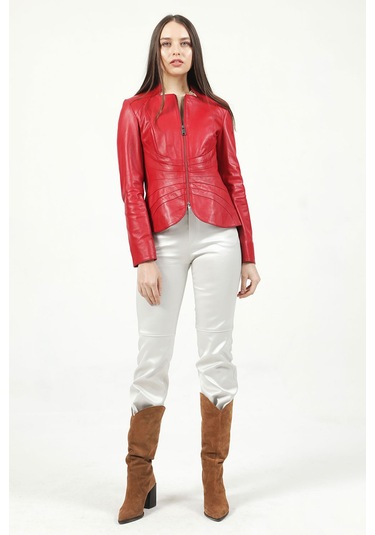Dericlub Yb-2157 Gerçek Deri Kadın Mont Kırmızı