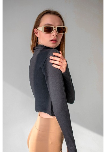 Siyah Bilek Detaylı Fermuarlı Crop Bluz Siyah