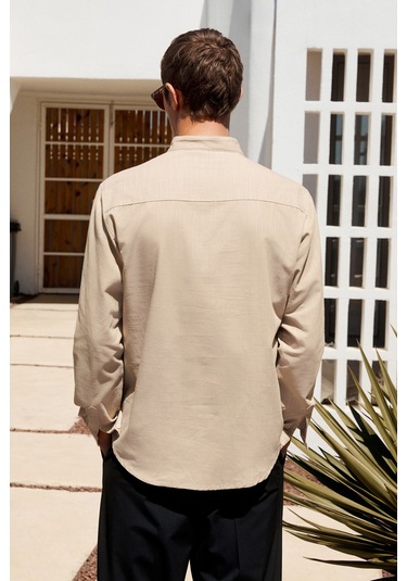 JEZER Erkek Hakim Yaka Uzun Kollu %100 Pamuk Regular Fit Bej Gömlek