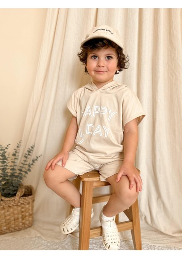 Kapüşonlu Yazlık Baskılı Takım 2404kpsnyzlyk Bej