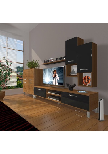 Decoraktiv Eko 6da Mdf Dvd Krom Ayaklı Tv Ünitesi Tv Sehpası Ceviz - Siyah