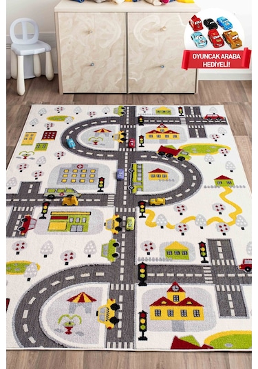 Konfor Halı 3 Boyutlu Beyaz Trafik Arabalı Dokuma Çocuk Oyun Halısı
