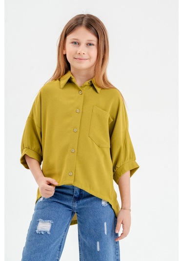 Kız Çocuk Arkası Pileli Gömlek 3119 Yeşil