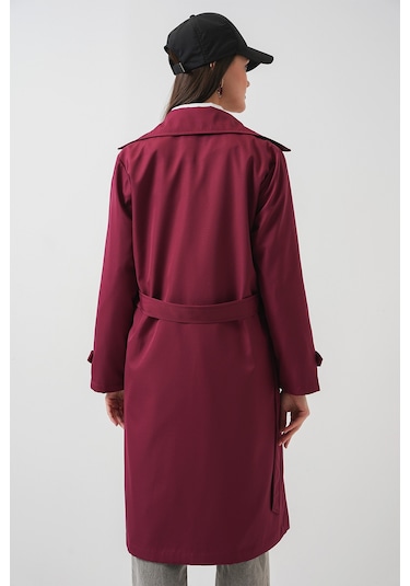 5918 Kruvaze Yaka Trençkot - Bordo Bordo