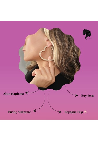 Büyük Kalp Model Beyoğlu Taşlı Abiye Gold Renk Küpe Altın