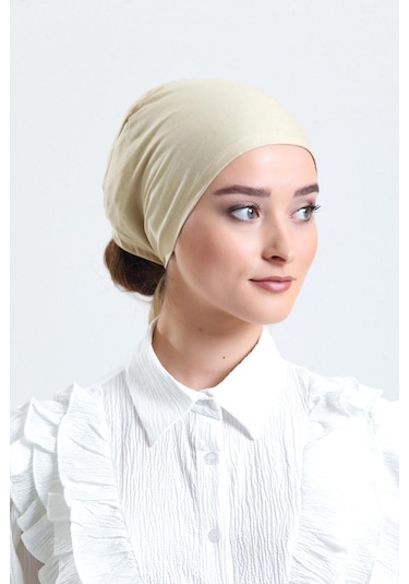 Bej Arkadan Bağlamalı Tesettür Bone Penye Kumaş Düz Bone 1011 12 Bej