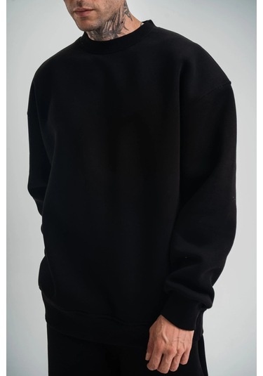Erkek Uzun Kol Bisiklet Yaka 3 İplik Pamuklu Kışlık Sweatshirt - Siyah Siyah