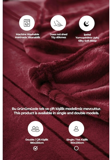 Evlen Home Mayer Supersoft Yumuşak Çift Kişilik Battaniye 180x230 Cm Bordo Bordo