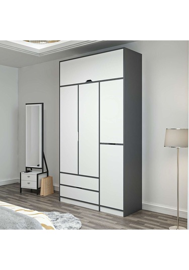 Elina 3 Kapaklı Dolap + Yüklük - Antrasit/beyaz Çok Renkli