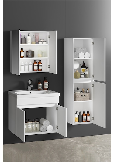 Çiğdem 65+35 Cm Beyaz Mdf Lavabolu Asma Banyo Dolabı Takımı Beyaz