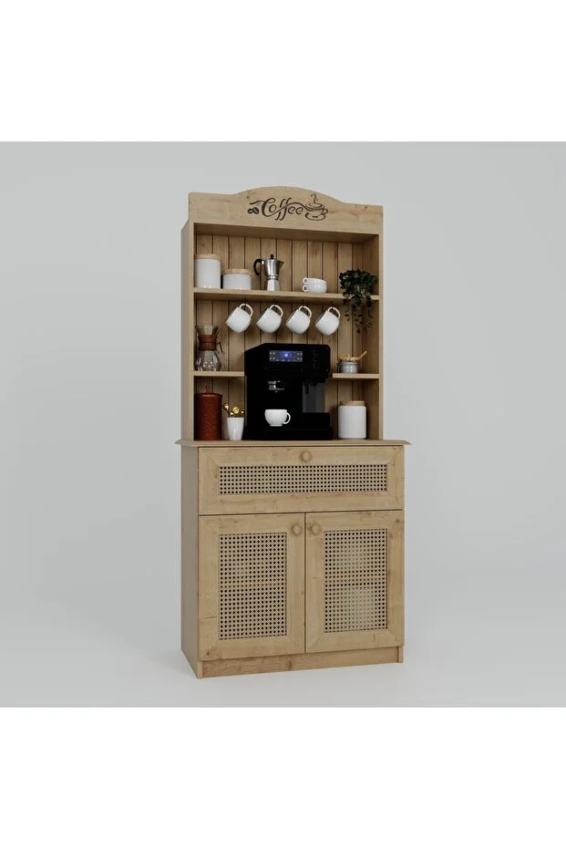 Lucas 2 Kapaklı Çekmeceli Sarı Hasır Desen Kahve Köşesi Çok Amaçlı Mutfak Dolabı - Safir Meşe Safir Meşe