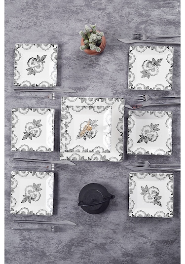 Piatti Naturali İkram Seti Black Rose Çift Katlı Sunum Tabağı & 6 Lı Tatlı Tabağı