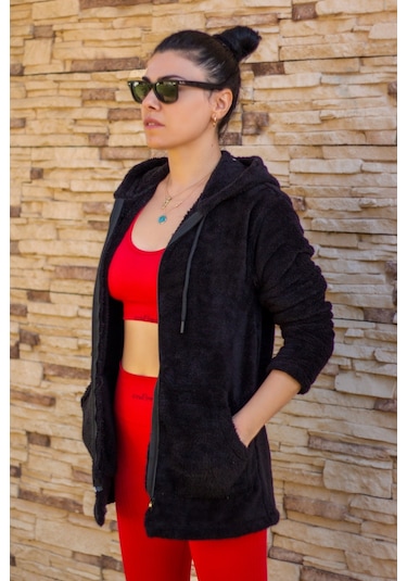 Kadın Siyah Peluş Kalın Fermuarlı Kapüşonlu Cepli Ceket 23kcktmy50 001
