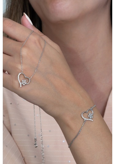 Gümüş Kalp Kar Tanesi Kolye Ve Bileklik Seti Taşlı Wss09