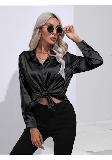 Siyah İlkbahar Ve Sonbahar Kadın Gömlek Saten Gömlek Mizaç Banliyö Uzun Kollu Üst Siyah