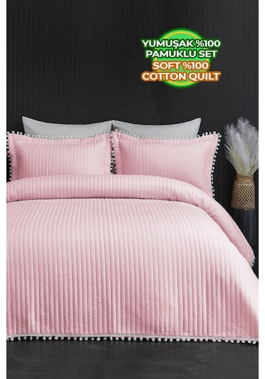 Evlen Home Collection Ponponlu Çift Kişilik %100 Pamuk Yatak Örtüsü Pike Takımı Pudra