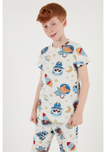 Lela Desenli % 100 Pamuk Bisiklet Yaka Erkek Çocuk Pijama Takımı 6651003 Ekru-Mavi