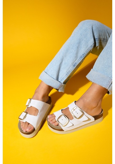 Harbor Beyaz Süet Çift Bantlı Hakiki Deri Kadın Kalın Tabanlı Terlik Beyaz