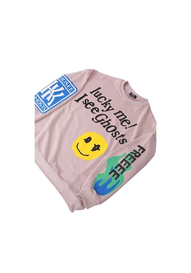 Madmext Mad Girls Bej Baskılı Oversize Sweatshirt Mg1206