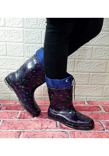Çağrı Mor Çiçekli Siyah İçi Yünlü Kar Yağmur Çizmesi 001