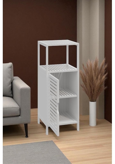 Digithome Bambu Beyaz Lake 1 Kapaklı 2 Raflı Banyo Düzenleyici Organizer Dik Dolap Db-0044 Beyaz