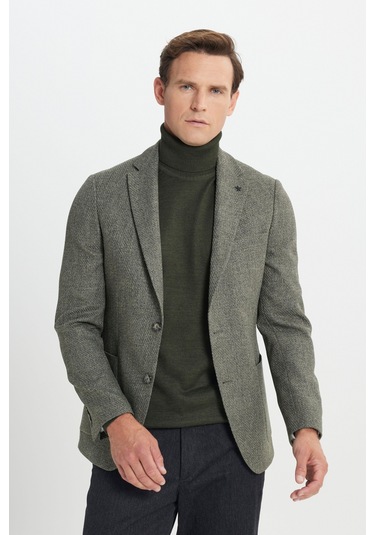 Erkek Hakı Slim Fit Dar Kesim Mono Yaka Desenli Torba Cepli Ceket Haki