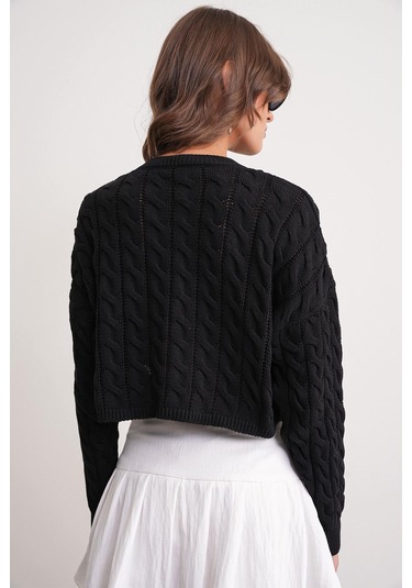 6863 Kadın Saç Örgülü Crop Triko Kazak Siyah Siyah
