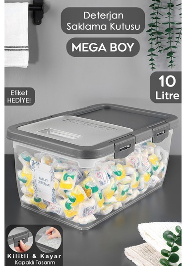 1 Adet Etiketli Deterjan Saklama Kutusu - Kilitli Kayar Kapak Tablet Toz Deterjan Kabı 10 Lt Gri Gri