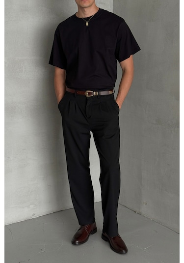 Hyman Erkek %100 Pamuk Oversize Basic T-shirt Siyah