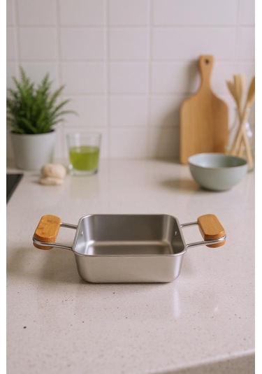 Bambum Cesta - Bambu Kulplu Çelik Sunum Tavası Kare Küçük Çelik