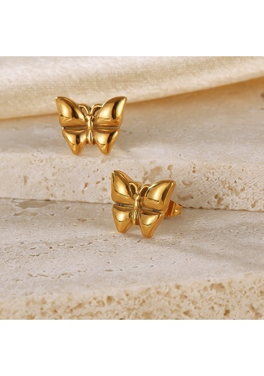 Sones Opk Ge942 1 Çift Vintage Temperament Paslanmaz Çelik Stereo Kelebek Küpe Altın