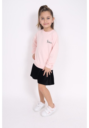 Toontoy Kız Çocuk Göğsü Yazı Baskılı Elbise Pudra