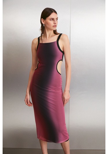 Nuala Kadın Tül Mesh Kumaşlı Astarlı Yandan Dekoltelı Degrade Desenli Kırmızı - Pembe Elbise