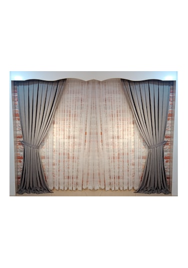 Açık Gri Renk Fon Kadife Perde Çift Kanat 1/3 Sık Pileli Dikim V-44 Gri - Beyaz