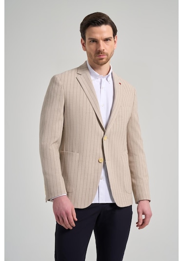 Çizgili Desen Gofreli Mono Yaka Esnek 6 Drop Slim Fit Ceket 1002250122 Koyu Bej