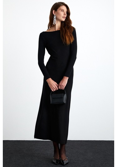 Krızıa Kadın Viskon Likralı Sırt Dekolteli Eteği Geniş Maxi Siyah Elbise