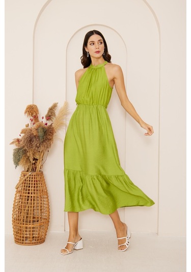 Yeşil Halter Yaka Kolsuz Elbise Dm1035