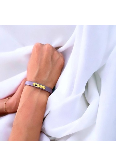 Archin Cansu İsmine Özel 14 Ayar Altın Plakalı Taç Motifli Hakiki Mor Derili Hediye Bileklik-571isim Cansu