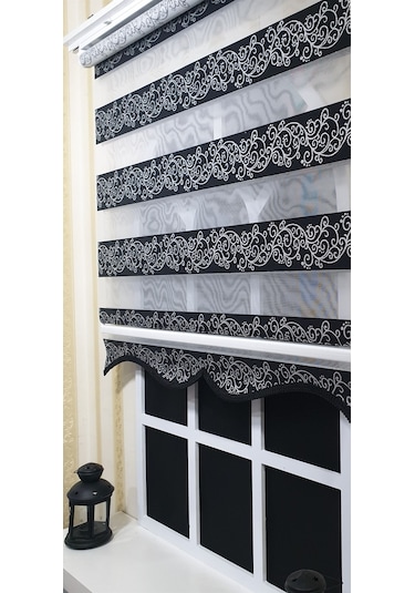 Zebra Stor Perde Siyah Sarmaşık Desen Gümüş Simli Etek Dilimli Stb9300 V 03