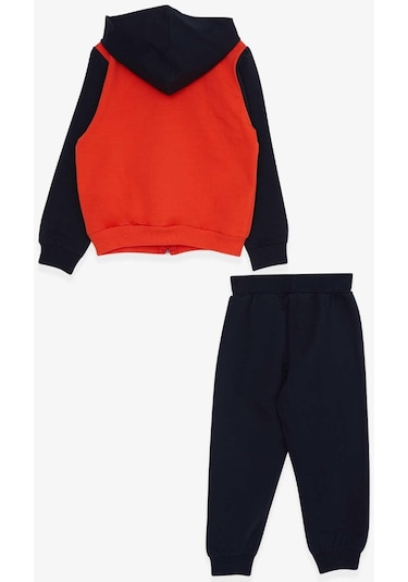Erkek Bebek Çocuk Pamuklu Hayvanlar Alemi Baskılı Kapüşonlu Eşofman Takım-13389-turuncu Turuncu